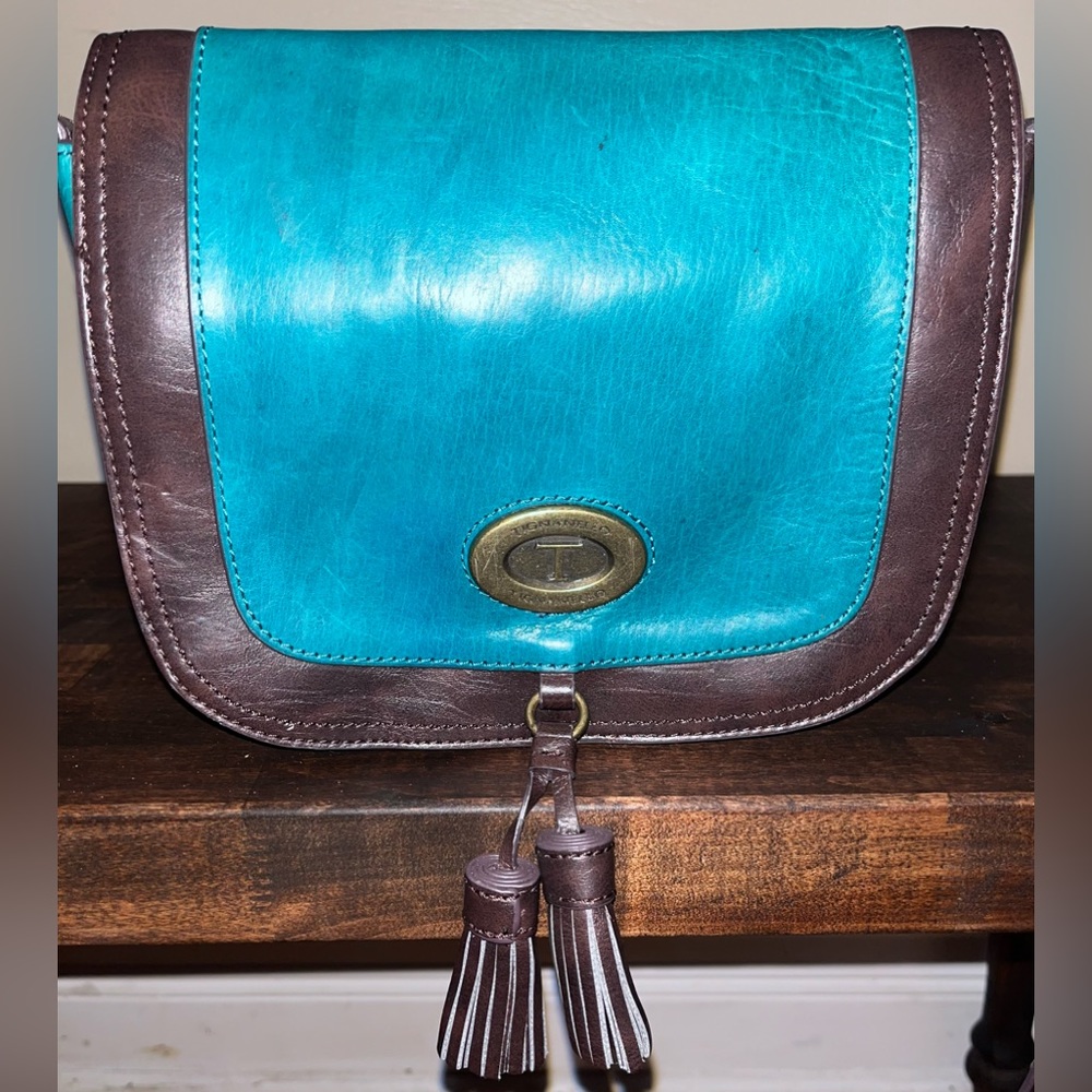 NWOT Real Leather Tinannello Teal and Dark Purple with Brass emblem Brass Tassel